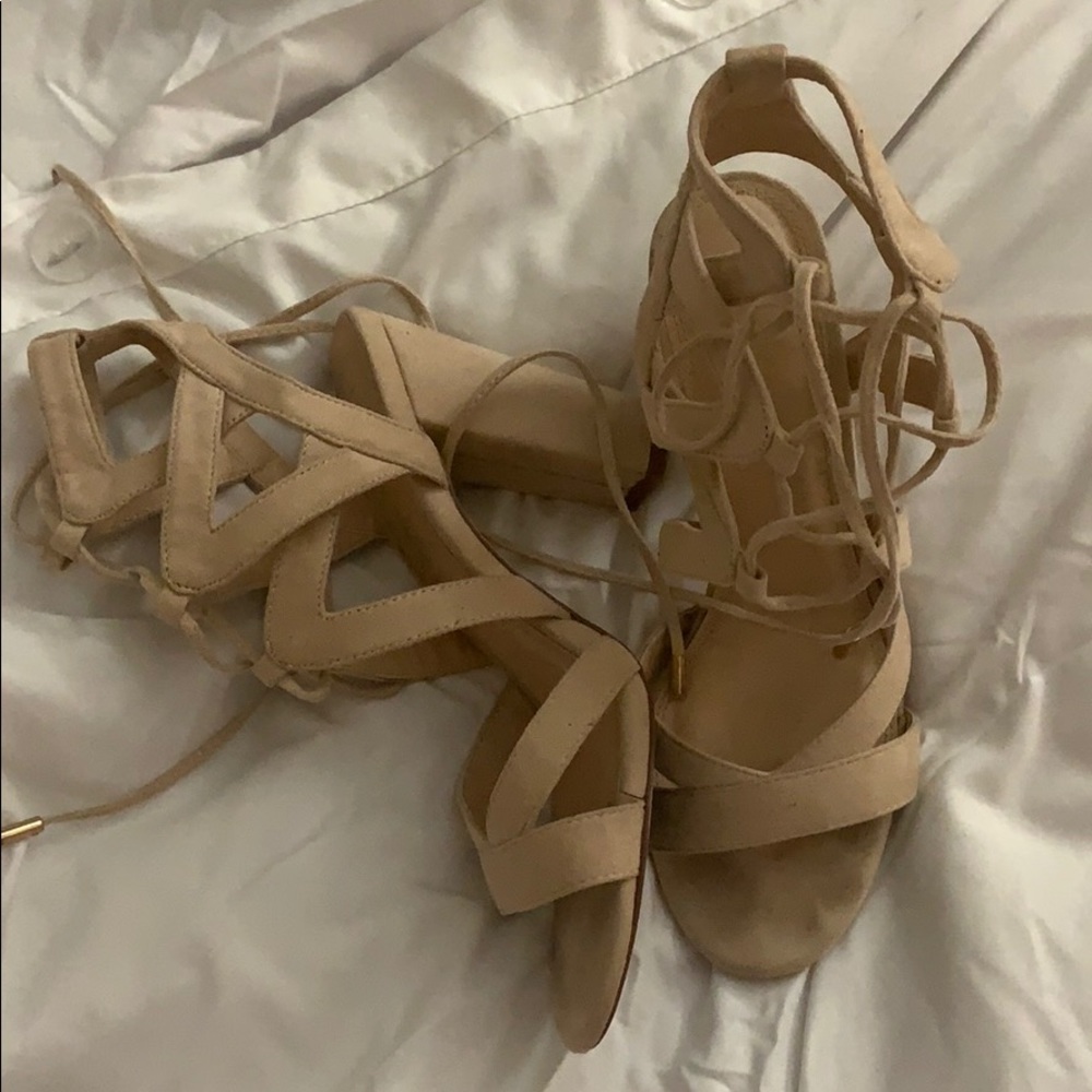 Nude suede block heels